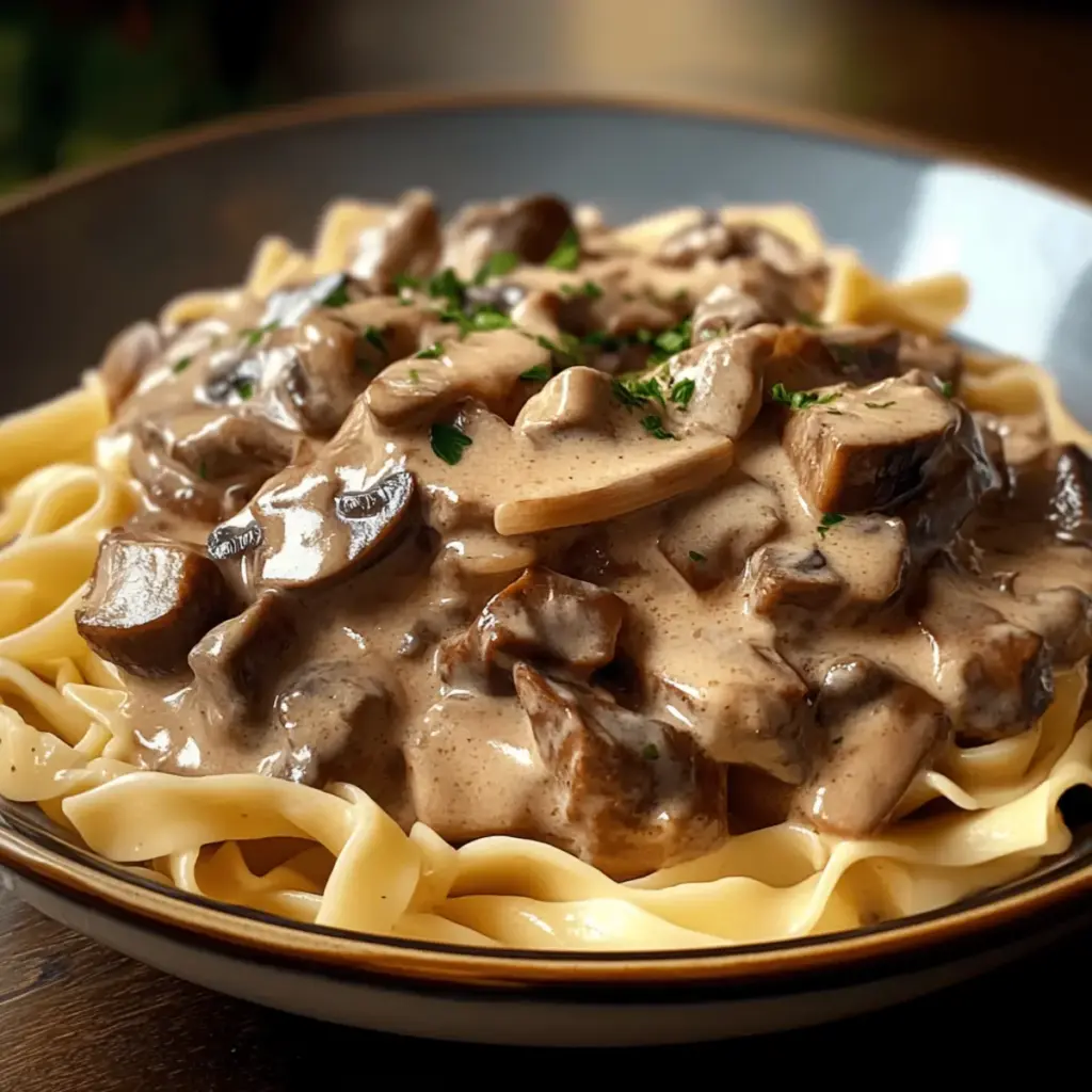 Köstlicher Rindfleisch und Pilz Stroganoff für Genießer