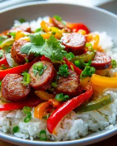 Scharfe Rinderwurst-Reis-Bowl für ein einfaches Abendessen