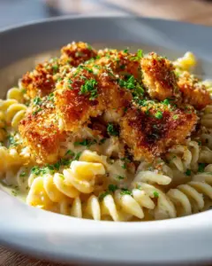Knoblauch-Parmesan Hähnchen-Bites mit cremiger Rotini