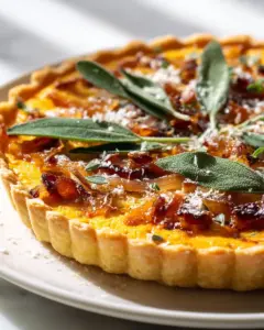 Kürbis-Ricotta-Tarte mit karamellisierten Zwiebeln, Rinderbacon und Salbei