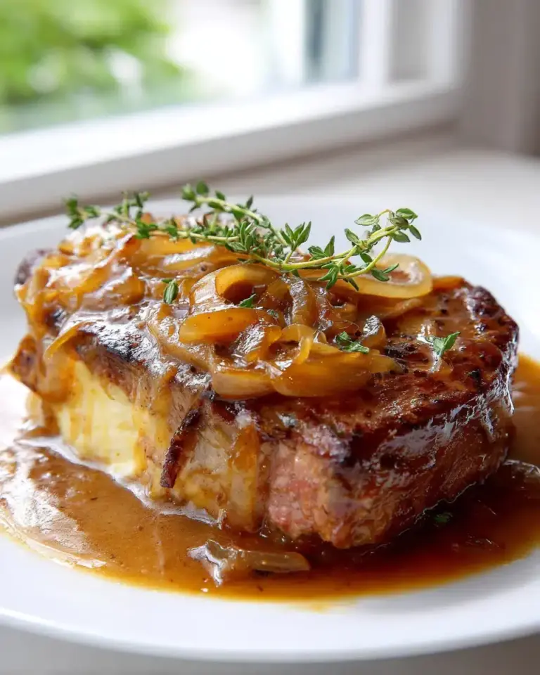 Saftige Rinderkoteletts mit Französischer Zwiebel-Karamellsoße