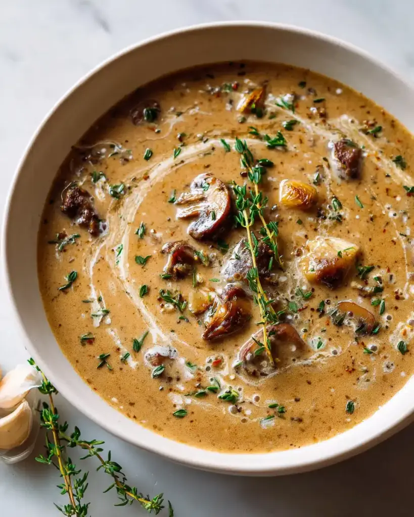 Cremige Rinder-Champignon Suppe mit Knoblauch und Thymian