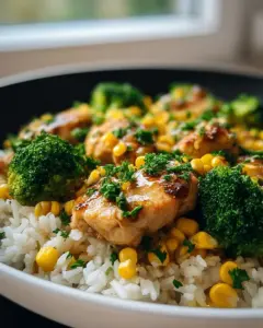 Hähnchen-Reis-Pfanne mit Brokkoli und Mais – Schnell & Lecker
