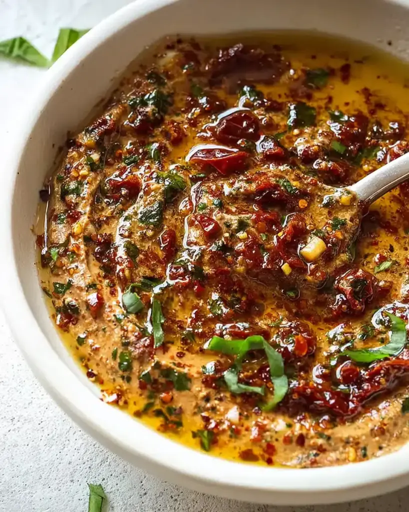 Mediterraner Dip mit getrockneten Tomaten und Knoblauchöl – ein Genuss!