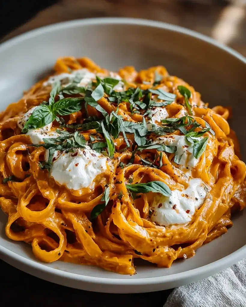 Cremige Paprika-Pasta mit Burrata und Kräutern – Genuss pur!