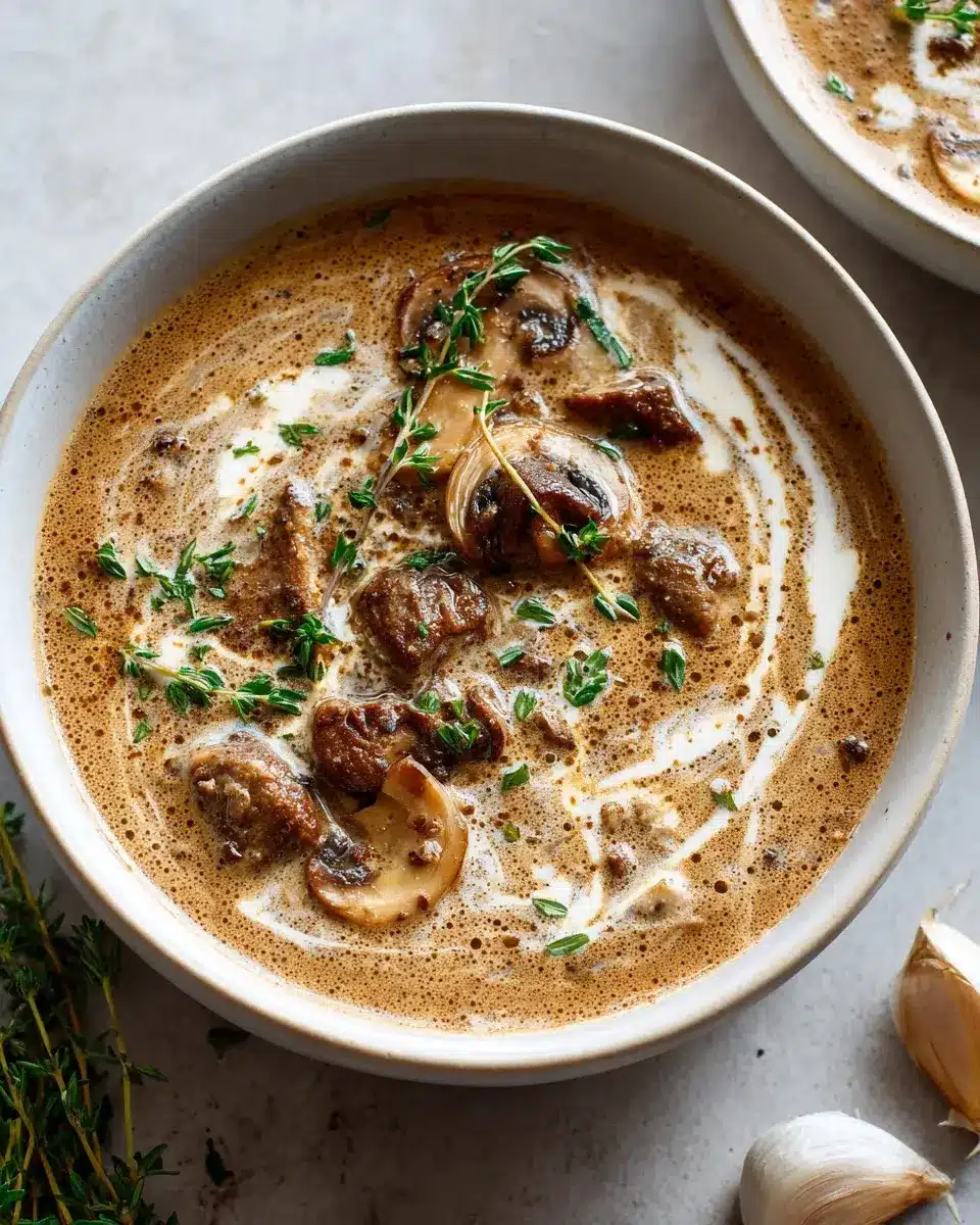 Cremige Cbeef Champignon Suppe Mit Knoblauch Und Thymian