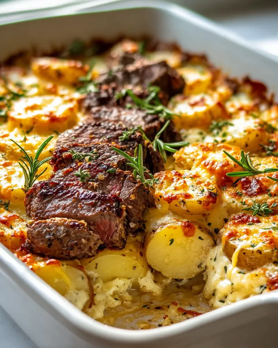 Garlic Butter Steak Cheddar Potato Bake