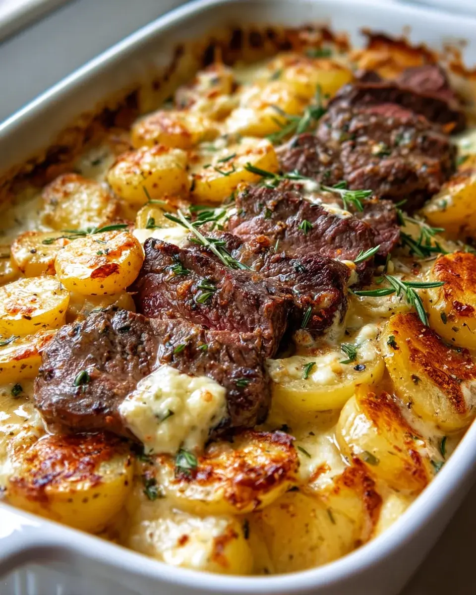 Garlic Butter Steak Cheddar Potato Bake