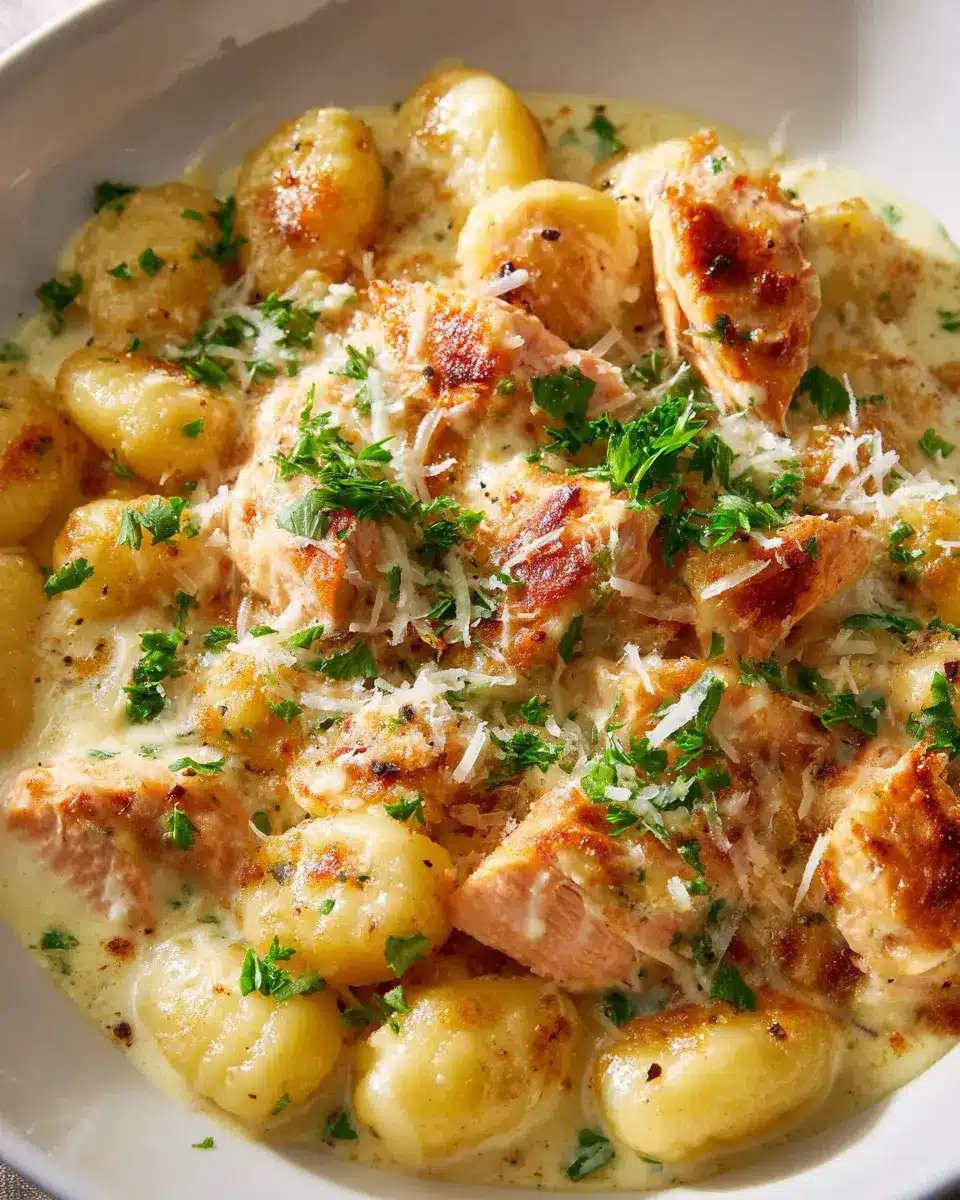 Garlic Parmesan Salmon Gnocchi Bake