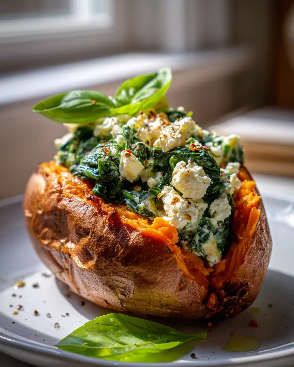 Gefüllte Süßkartoffel mit Feta und Spinat
