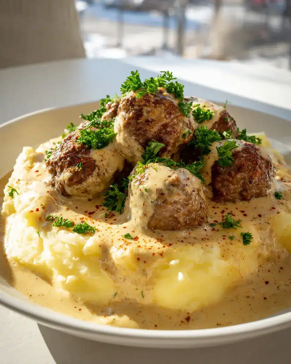 Hackbällchen in cremiger Sauce mit Kartoffelpüree
