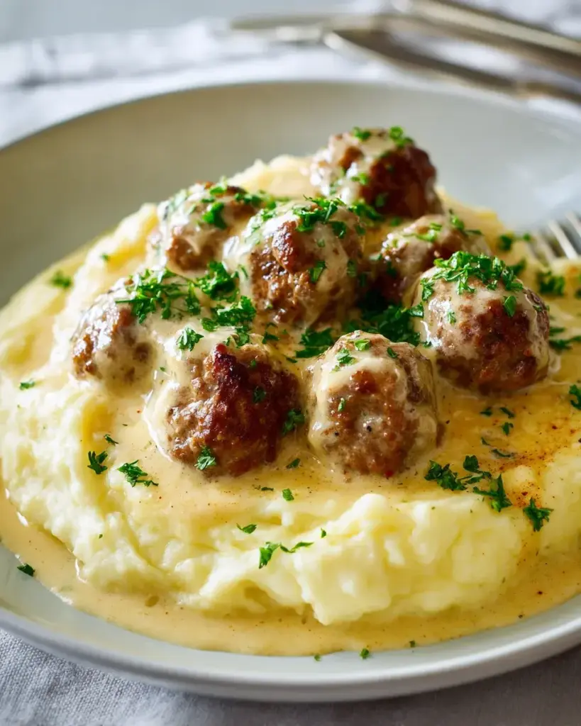 Leckere Hackbällchen in cremiger Sauce & Kartoffelpüree.