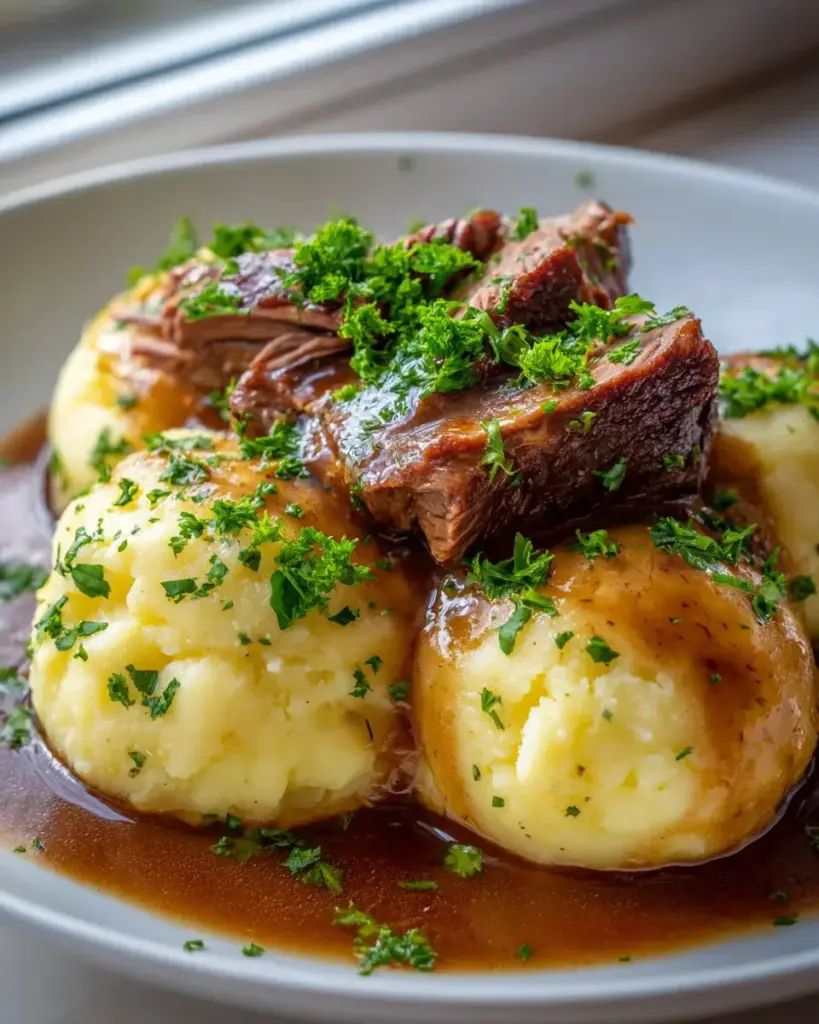 Klassische Kartoffelknödel mit zartem Rinderbraten & Soße