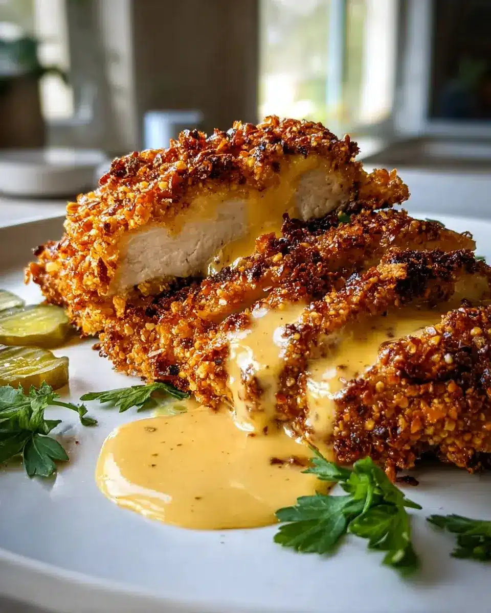 Pretzel Chicken Mustard Cheddar Sauce