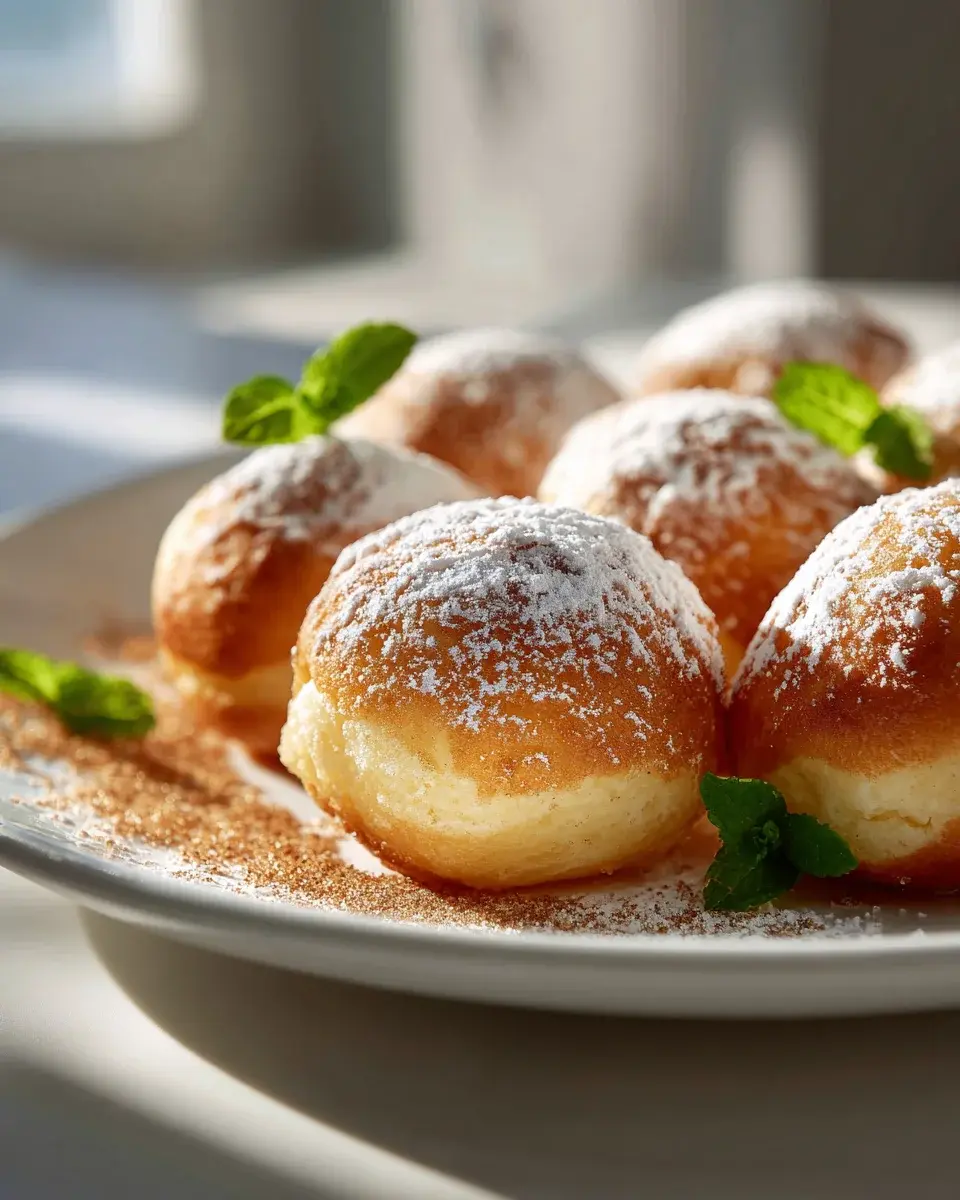 Goldbraune, fluffige Quarkbällchen frisch aus dem Airfryer auf einem Teller angerichtet und mit Puderzucker bestäubt, bereit zum Genießen