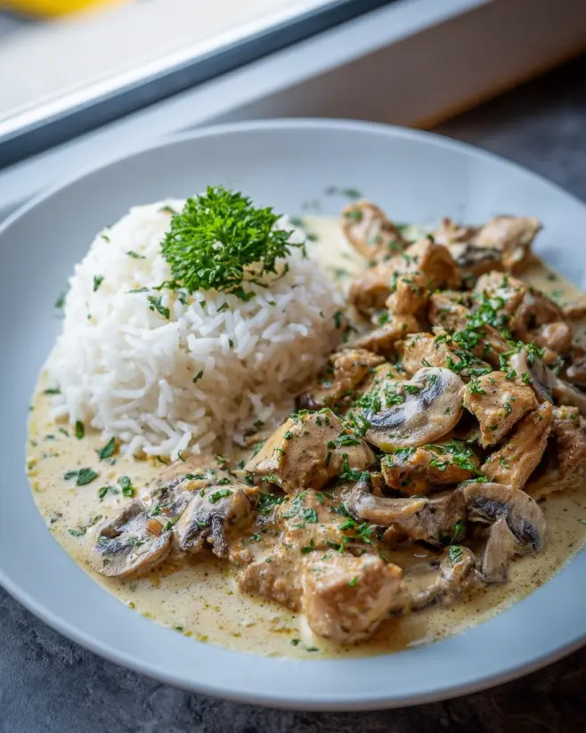 Gyrosgeschnetzeltes mit Schmandsoße und Reis