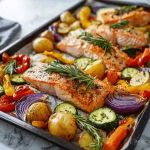 Saftiger Lachs mit Kartoffeln und Gemüse aus dem Ofen