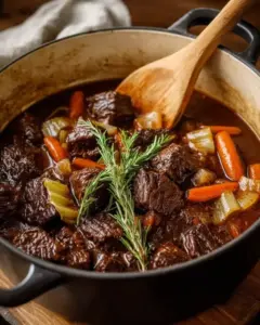 Rustikales Rindergulasch mit Karotten und Lauch