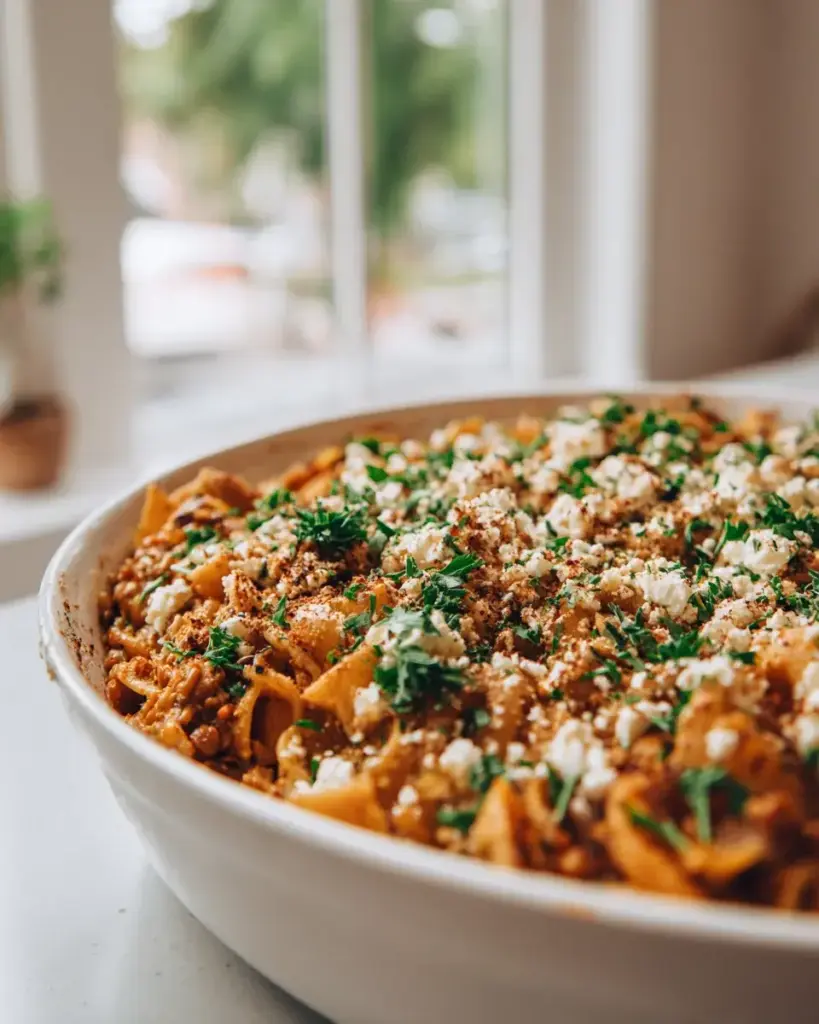 Vegan griechischer Nudel Auflauf mit Linsen
