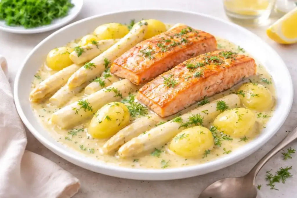weißer Spargel Lachs Zitronensoße