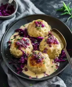 Brezenknödel mit fruchtigem Rotkohl und Speck-Sahne-Sauce