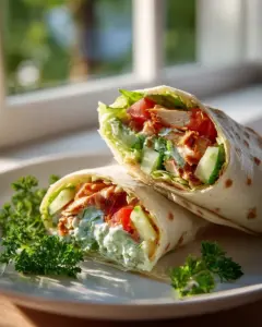 Klassischer Chicken Wrap mit Salat und Knoblauchsoße