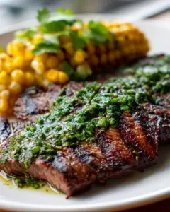 Gegrilltes Flank Steak mit Chimichurri und verkohltem Mais