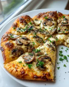 Four Cheese Mushroom Flatbread Pizza mit knusprigem Boden