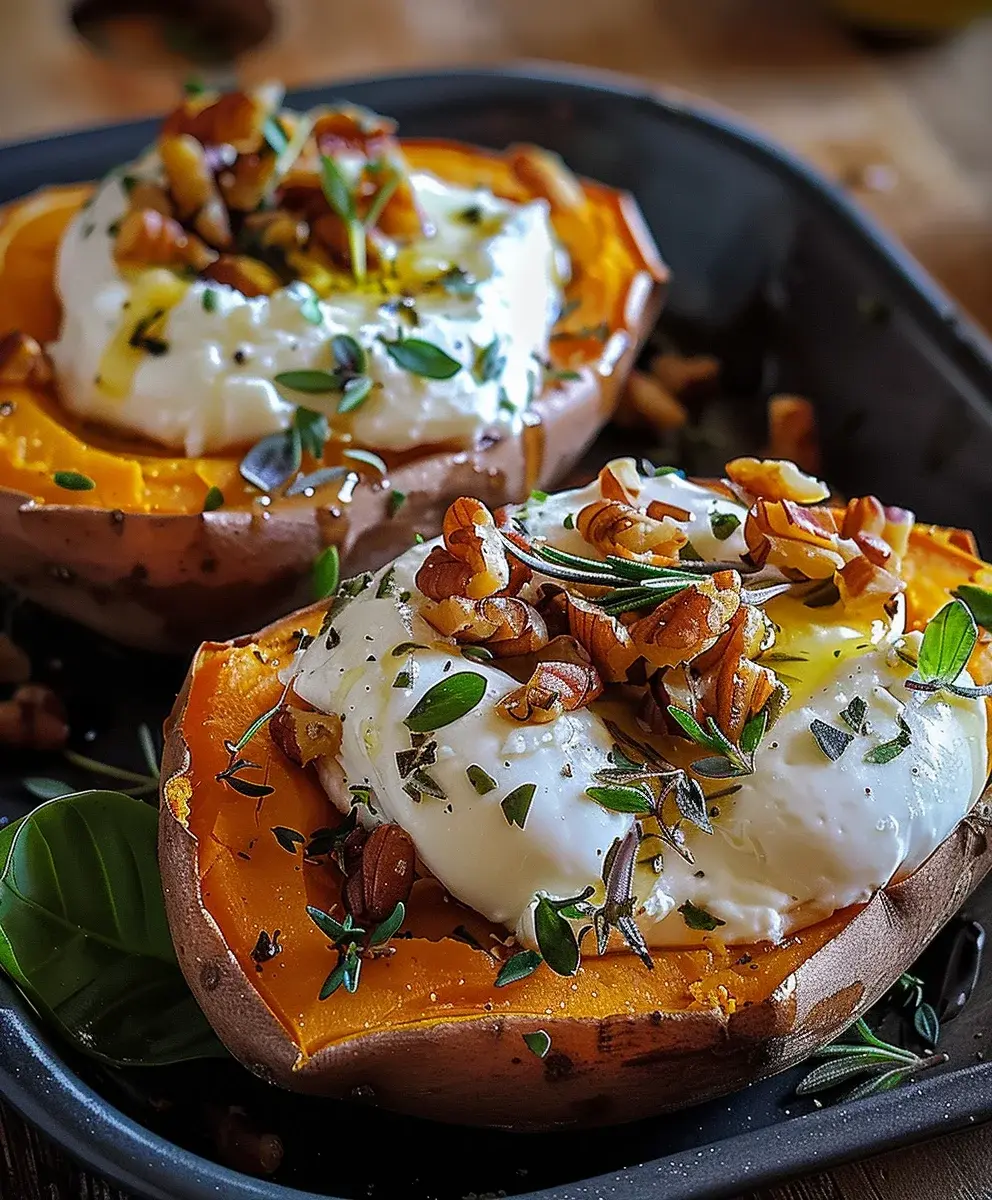 Gefüllte Süßkartoffeln mit Burrata