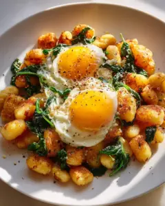 Gnocchi Frühstücks-Hash mit Spinat und Eiern