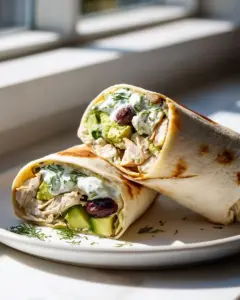 Griechische Hähnchen-Wraps mit Avocado, Oliven und Kräuterjoghurt