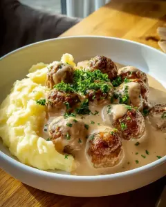 Hackbällchen in cremiger Sauce mit Kartoffelpüree