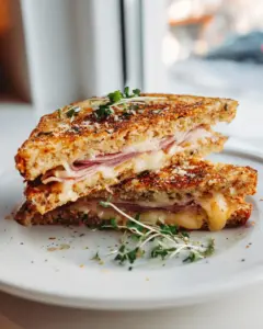 Haferbrot-Panini mit Rinderham und geschmolzenem Käse