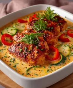 Hähnchenbrust in Frischkäsesoße mit Paprika & Zucchini