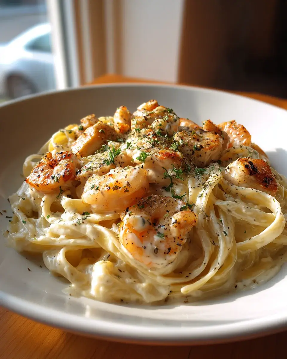 Hähnchen Garnelen Alfredo Pasta