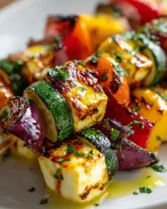 Halloumi Spieße mit gegrilltem Gemüse und Zitronendressing