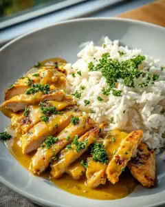 Hähnchen in Honig-Senf-Sauce mit Reis