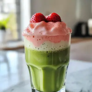 Eisige Matcha-Latte mit Erdbeer-Kalte-Schaum
