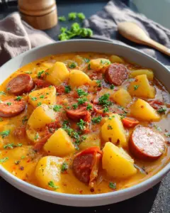 Herzhaftes Kartoffelgulasch mit Würstchen