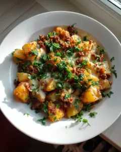 Herzhafte Kartoffelpfanne mit Hackfleisch und Käse