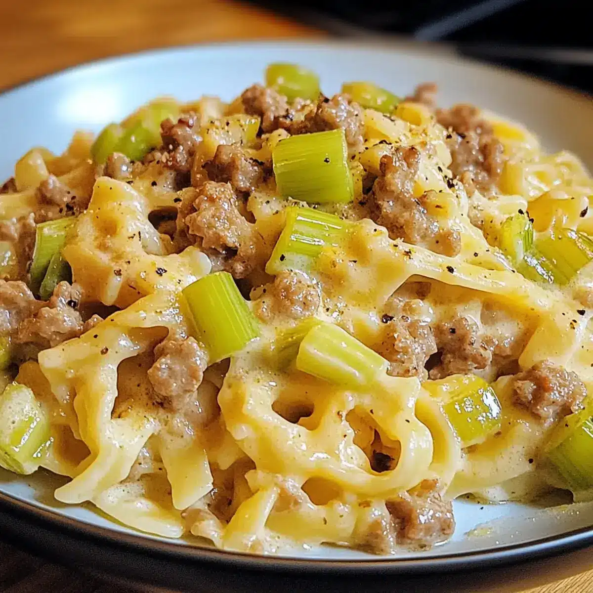 Käse Lauch Pasta mit Hackfleisch