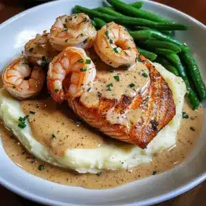 Kreolische Garnelen und Lachs mit Knoblauchcremesauce