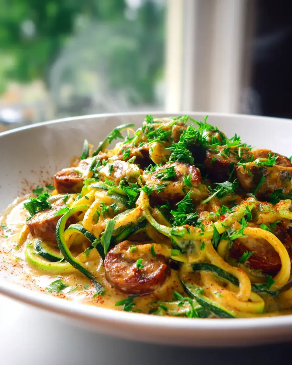 Low Carb One Pot Cajun Wurst Pasta Zucchini Nudeln