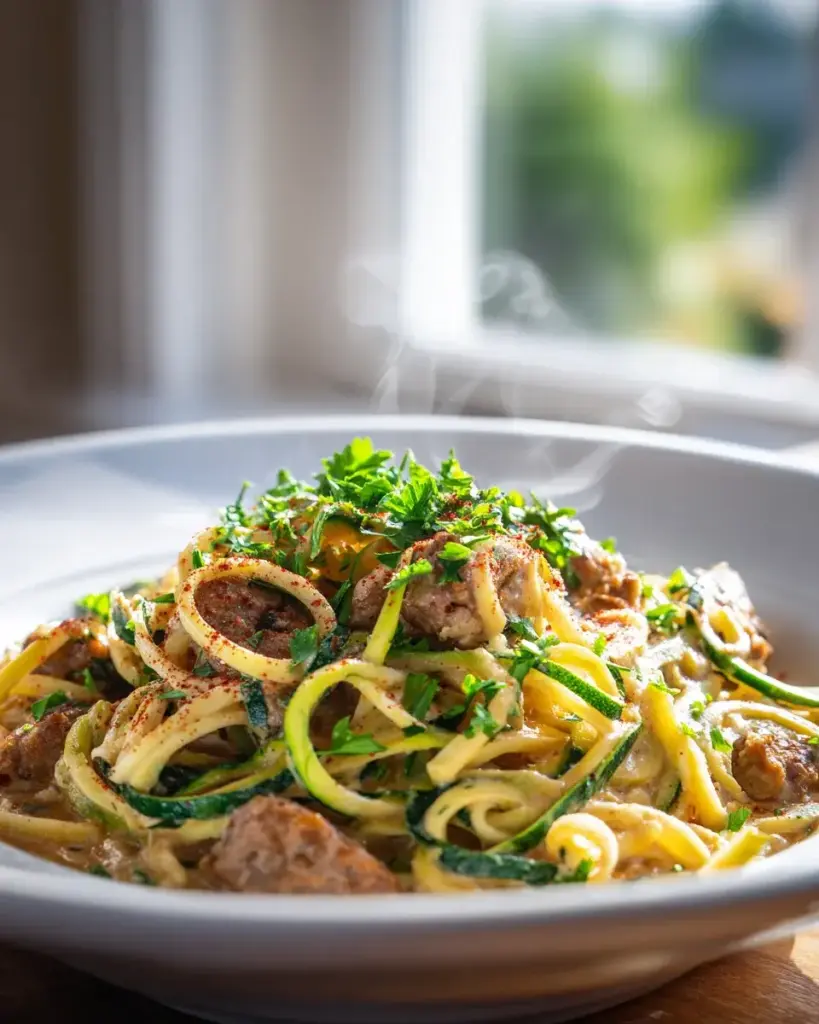 Low Carb One Pot Cajun Wurst Pasta Zucchini Nudeln