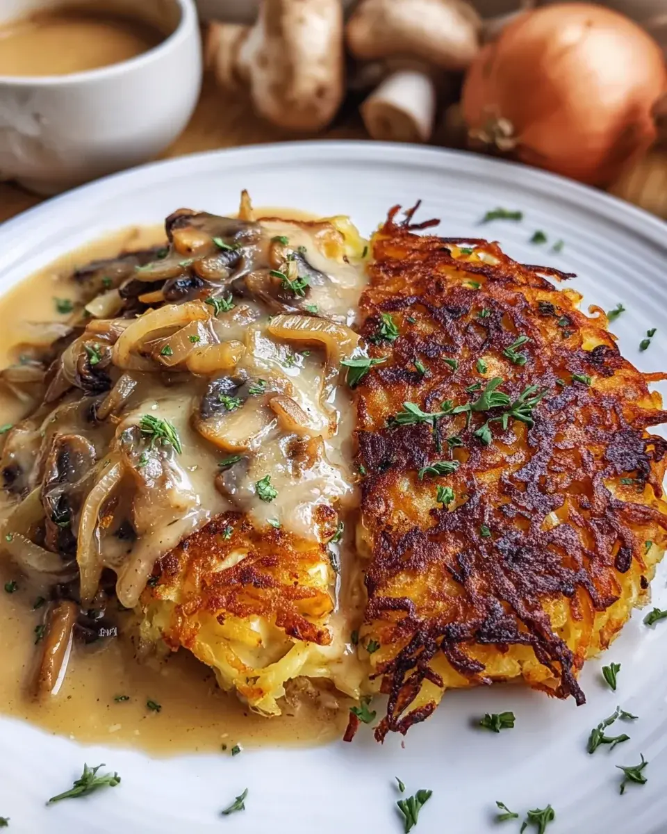 Mozzarella Rösti Zwiebel Pilzrahmsauce