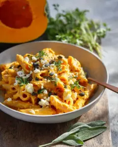 Nudeln mit Kürbissoße und Feta