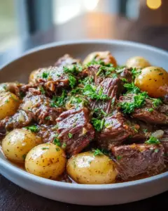 Langsam gegarter Knoblauch-Butter-Rindfleisch mit Kartoffeln im Slow Cooker