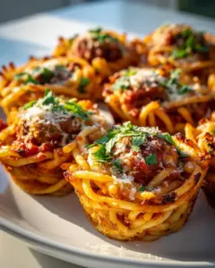 Spaghetti Meatball Pasta Cups mit knusprigen Rändern