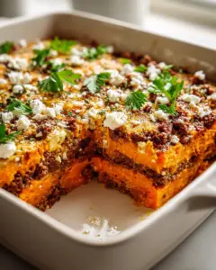 Ofenauflauf mit Süßkartoffel, Hackfleisch und Feta