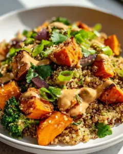 Gerösteter Süßkartoffel-Quinoa-Salat mit Sesam-Miso-Sauce